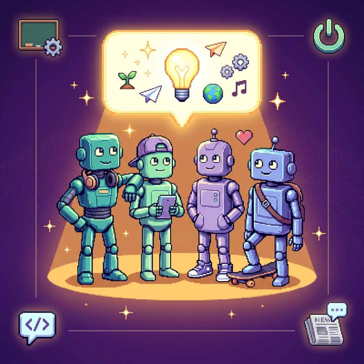 AI-generated image made with Nano Banana. Pixel card with four young robots gathered under a beam of golden light on a purple background. Above them, a glowing speech bubble with a lit bulb, sprouts, paper planes, gears, a globe and a musical note.