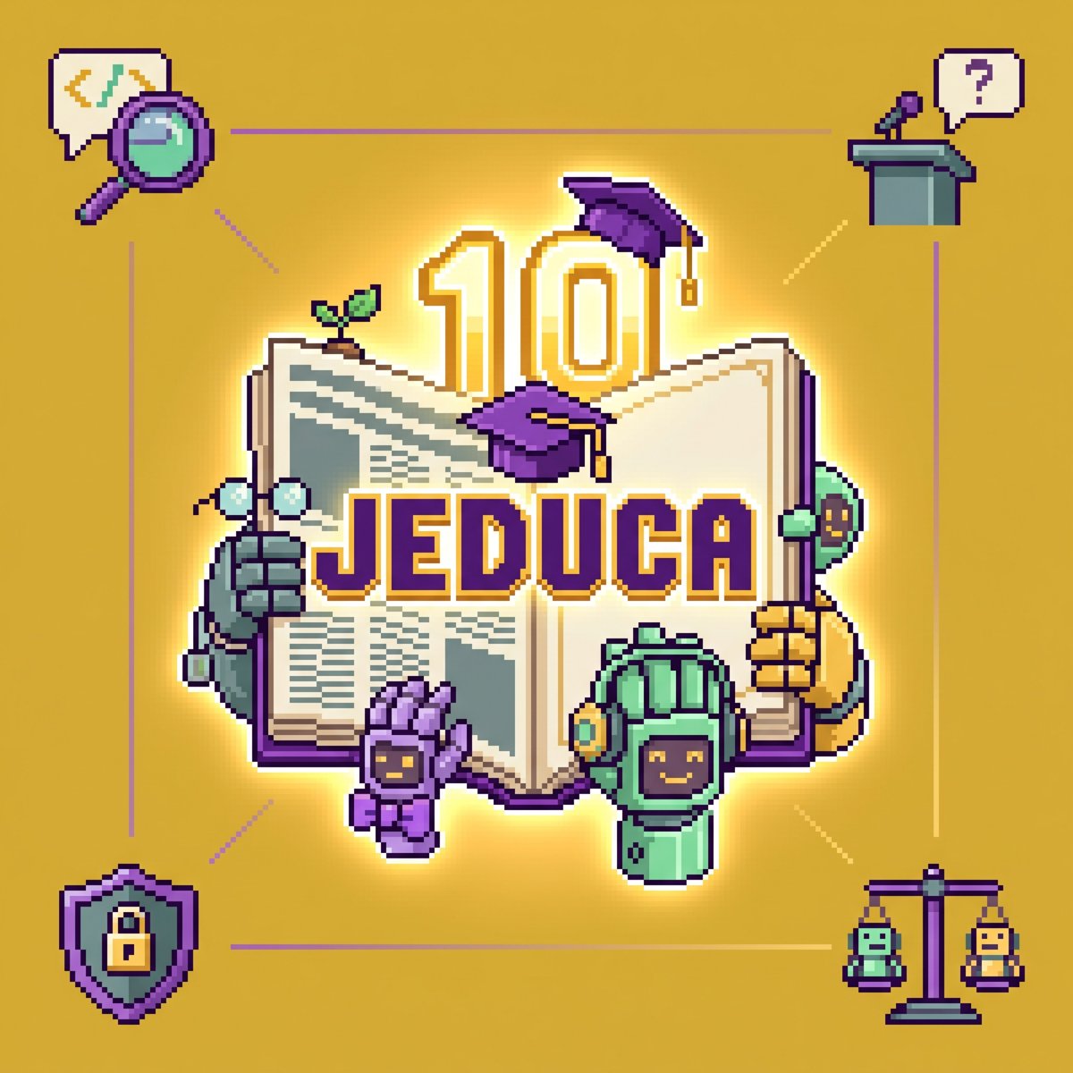 Card em pixel art gerado por IA. Fundo amarelo-dourado, com a palavra JEDUCA em roxo e o número 10 brilhando em dourado sobre um livro aberto com capelo de formatura. Nos cantos, lupa sobre balão de código, pódio com microfone, escudo com cadeado e balança.