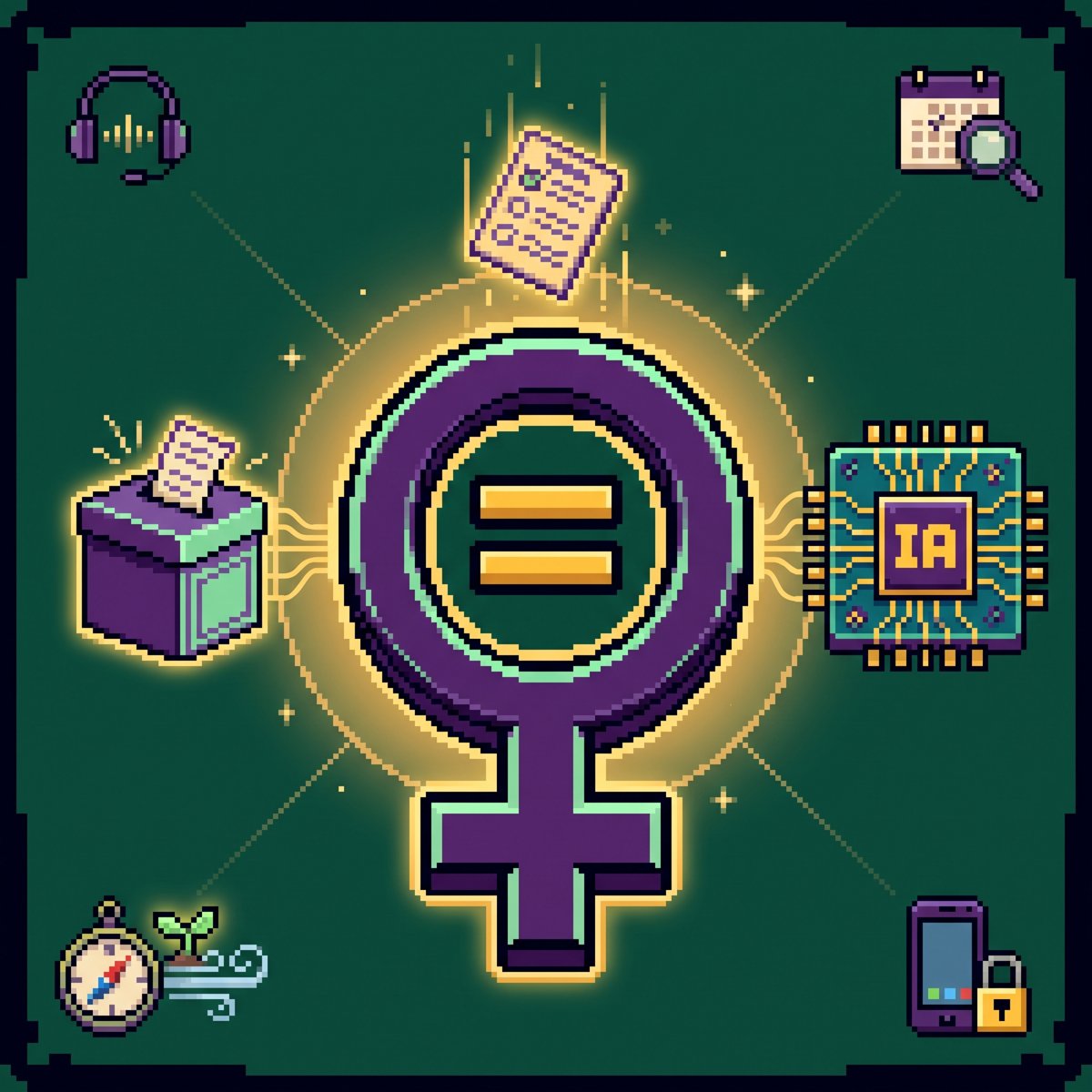 Ilustração em pixel art sobre fundo verde-escuro: no centro, um grande símbolo feminino roxo, com contorno dourado e um sinal de igual dentro do círculo, sob uma cédula de votação. Ao lado, uma urna e um chip com a palavra IA.
