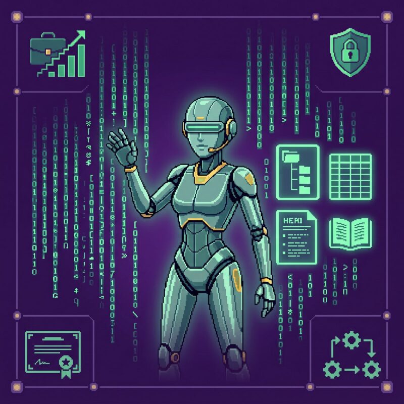 Pixel card do Radar Pupa 44 sobre adoção de IA e cultura: robô central iluminado e robô lendo um livro, em roxo, menta e dourado